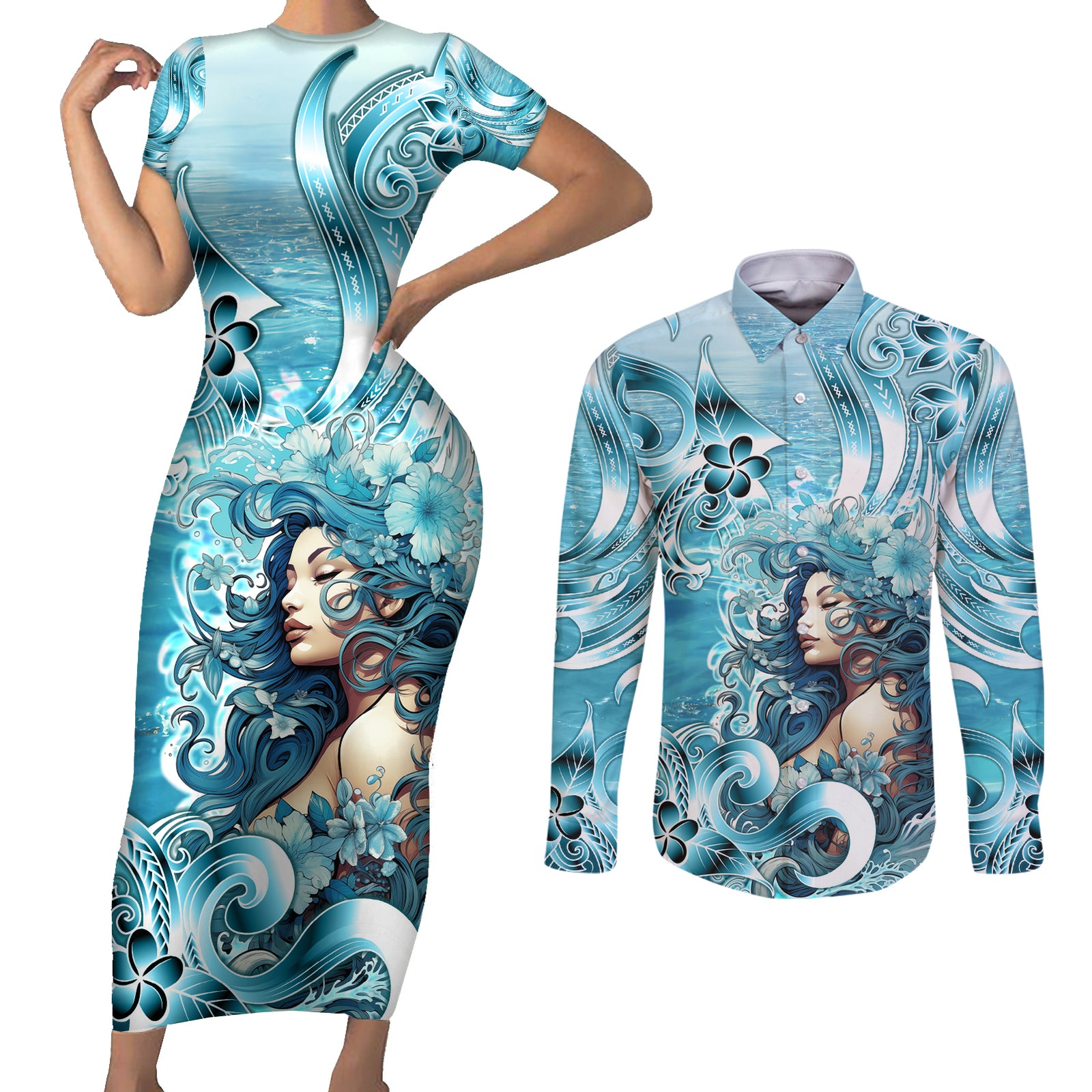 Hawaii Namaka Goddess Of The Sea Couples Matching Short Sleeve Bodycon Dress and Long Sleeve Button Shirt Polynesian Style LT05 Turquoise - Polynesian Pride
