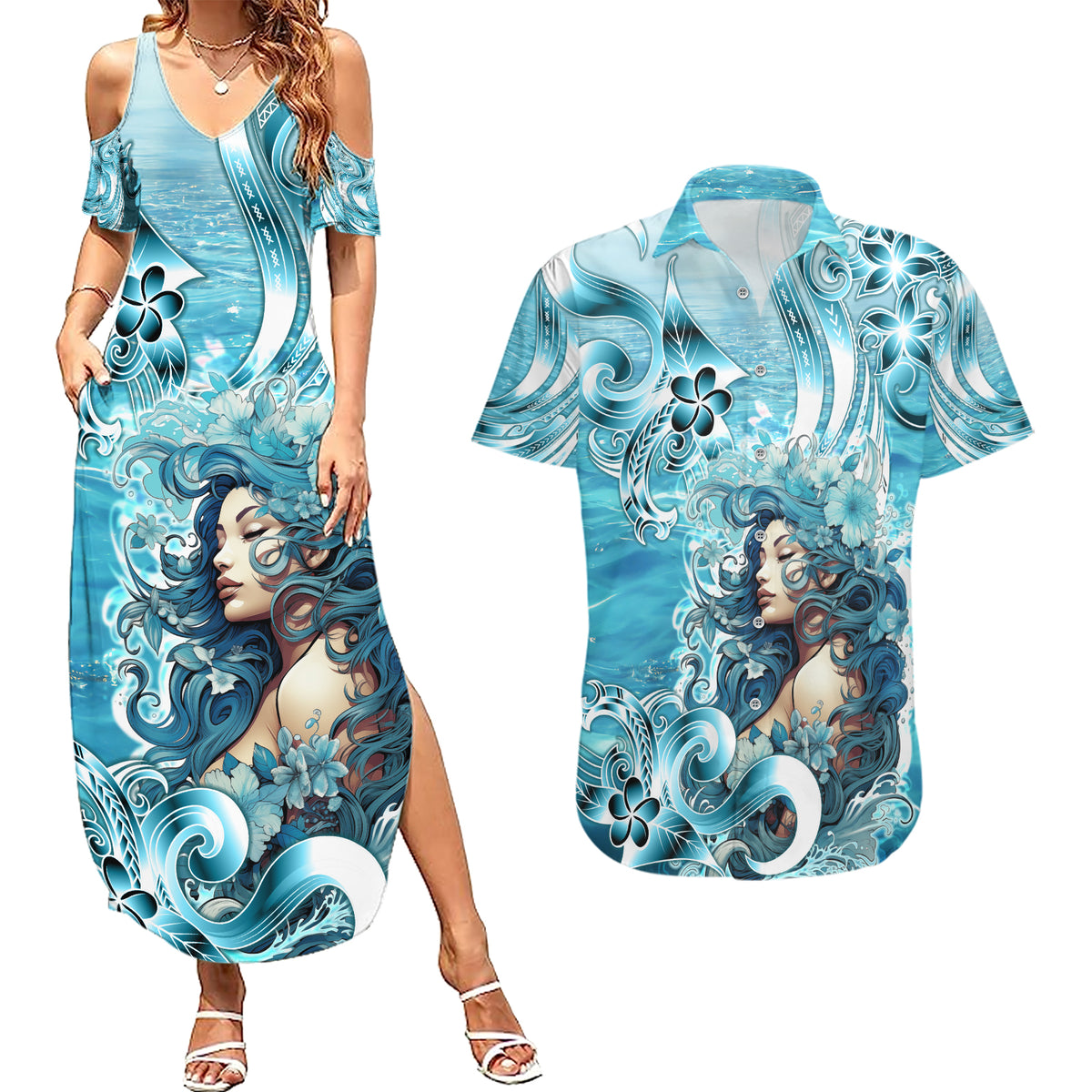 Hawaii Namaka Goddess Of The Sea Couples Matching Summer Maxi Dress and Hawaiian Shirt Polynesian Style LT05 Turquoise - Polynesian Pride