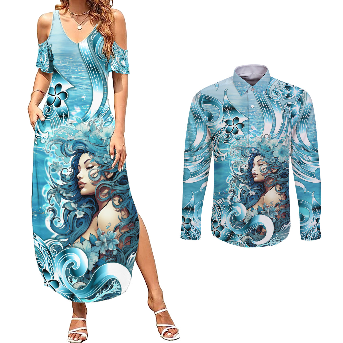Hawaii Namaka Goddess Of The Sea Couples Matching Summer Maxi Dress and Long Sleeve Button Shirt Polynesian Style LT05 Turquoise - Polynesian Pride