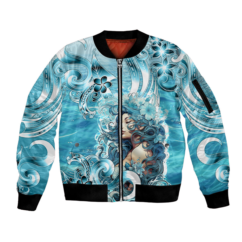 Hawaii Namaka Goddess Of The Sea Sleeve Zip Bomber Jacket Polynesian Style LT05 Unisex Turquoise - Polynesian Pride