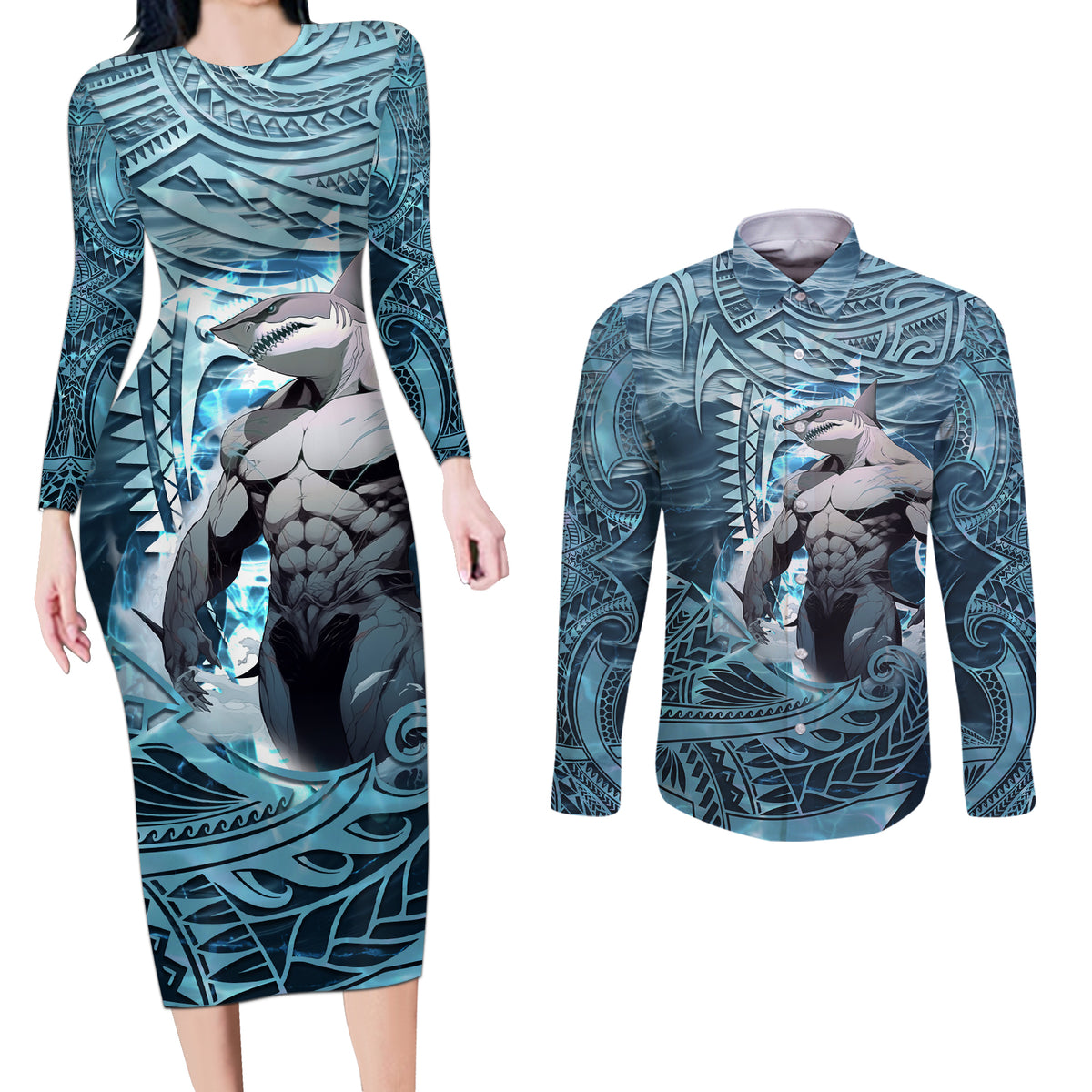 Hawaiian Shark God Kamohoalii Couples Matching Long Sleeve Bodycon Dress and Long Sleeve Button Shirt Polynesian Style LT05 Blue - Polynesian Pride