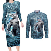 Hawaiian Shark God Kamohoalii Couples Matching Long Sleeve Bodycon Dress and Long Sleeve Button Shirt Polynesian Style LT05 Blue - Polynesian Pride