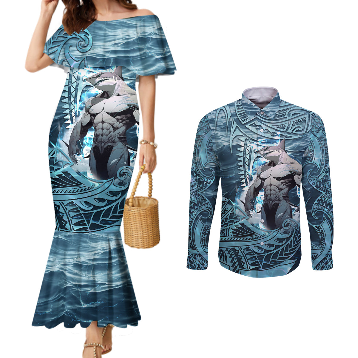 Hawaiian Shark God Kamohoalii Couples Matching Mermaid Dress and Long Sleeve Button Shirt Polynesian Style LT05 Blue - Polynesian Pride