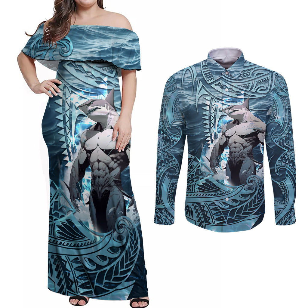 Hawaiian Shark God Kamohoalii Couples Matching Off Shoulder Maxi Dress and Long Sleeve Button Shirt Polynesian Style LT05 Blue - Polynesian Pride