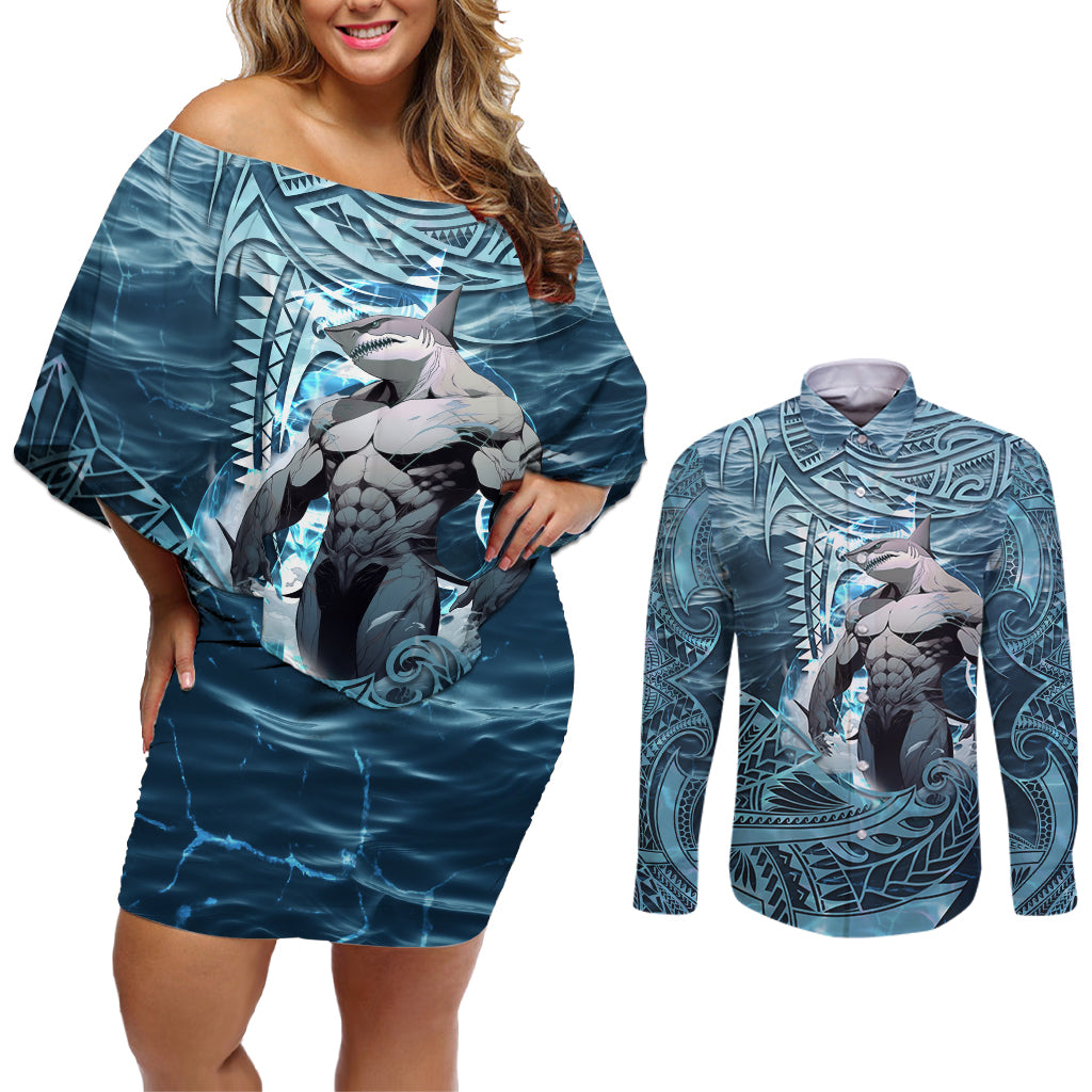 Hawaiian Shark God Kamohoalii Couples Matching Off Shoulder Short Dress and Long Sleeve Button Shirt Polynesian Style LT05 Blue - Polynesian Pride