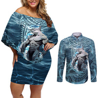 Hawaiian Shark God Kamohoalii Couples Matching Off Shoulder Short Dress and Long Sleeve Button Shirt Polynesian Style LT05 Blue - Polynesian Pride