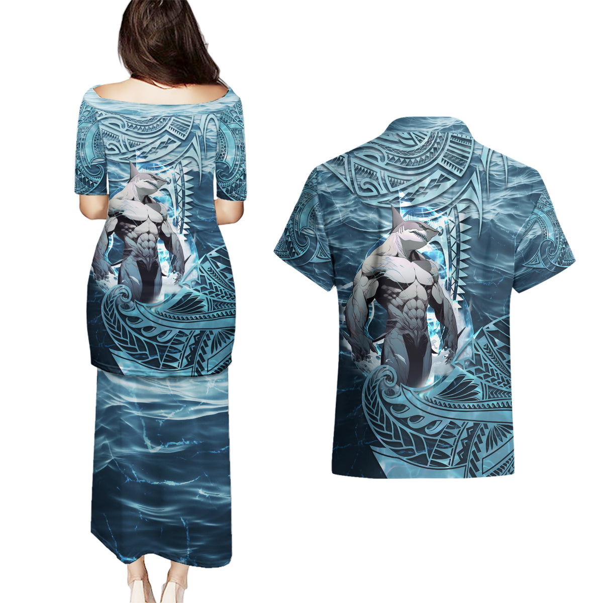 Hawaiian Shark God Kamohoalii Couples Matching Puletasi and Hawaiian Shirt Polynesian Style LT05 - Polynesian Pride