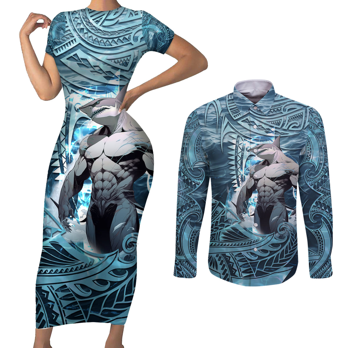 Hawaiian Shark God Kamohoalii Couples Matching Short Sleeve Bodycon Dress and Long Sleeve Button Shirt Polynesian Style LT05 Blue - Polynesian Pride
