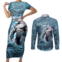 Hawaiian Shark God Kamohoalii Couples Matching Short Sleeve Bodycon Dress and Long Sleeve Button Shirt Polynesian Style LT05 Blue - Polynesian Pride