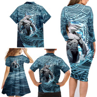Hawaiian Shark God Kamohoalii Family Matching Long Sleeve Bodycon Dress and Hawaiian Shirt Polynesian Style LT05 - Polynesian Pride
