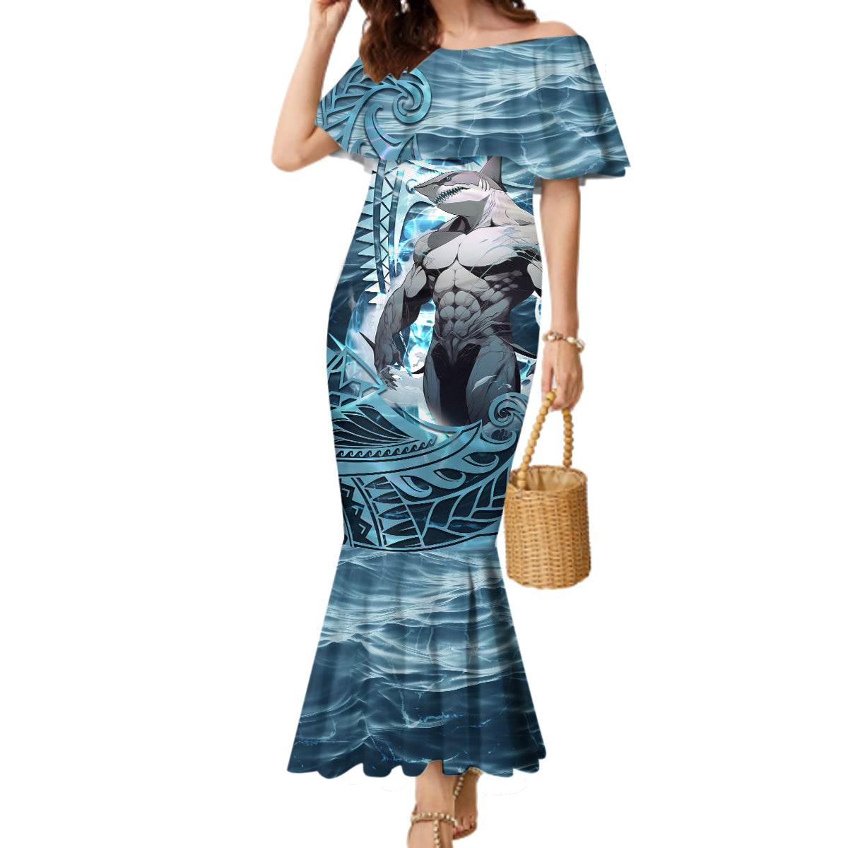 Hawaiian Shark God Kamohoalii Family Matching Mermaid Dress and Hawaiian Shirt Polynesian Style LT05 Mom's Dress Blue - Polynesian Pride