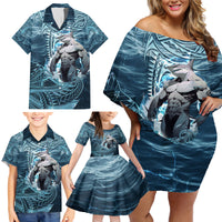 Hawaiian Shark God Kamohoalii Family Matching Off Shoulder Short Dress and Hawaiian Shirt Polynesian Style LT05 - Polynesian Pride