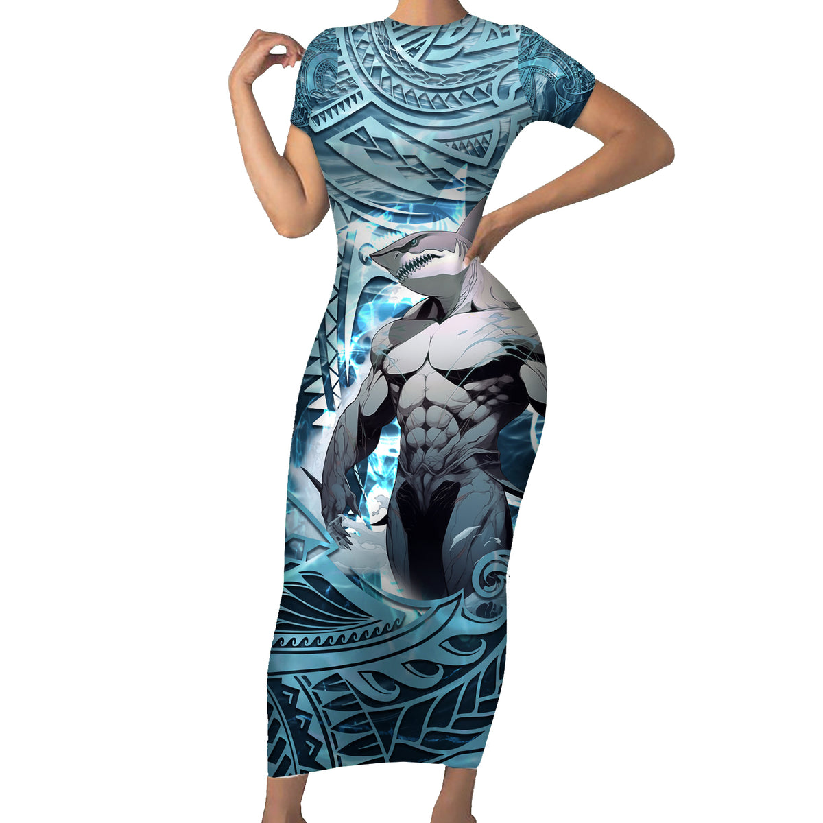 Hawaiian Shark God Kamohoalii Family Matching Short Sleeve Bodycon Dress and Hawaiian Shirt Polynesian Style LT05 Mom's Dress Blue - Polynesian Pride