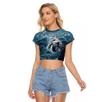 Hawaiian Shark God Kamohoalii Raglan Cropped T Shirt Polynesian Style LT05 Female Blue - Polynesian Pride