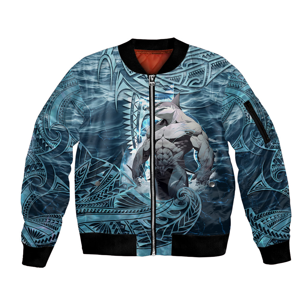 Hawaiian Shark God Kamohoalii Sleeve Zip Bomber Jacket Polynesian Style LT05 Unisex Blue - Polynesian Pride