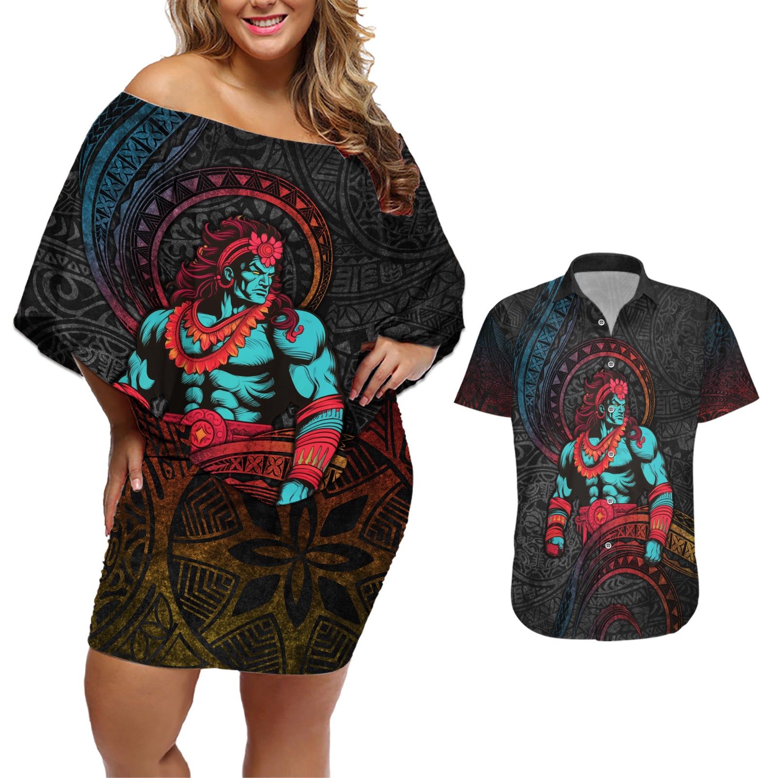 Hawaiian Demigod Maui Couples Matching Off Shoulder Short Dress and Hawaiian Shirt Polynesian Mythology LT05 Black - Polynesian Pride