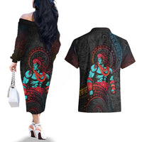 Hawaiian Demigod Maui Couples Matching Off The Shoulder Long Sleeve Dress and Hawaiian Shirt Polynesian Mythology LT05 - Polynesian Pride