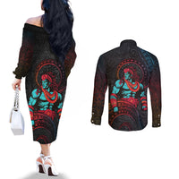 Hawaiian Demigod Maui Couples Matching Off The Shoulder Long Sleeve Dress and Long Sleeve Button Shirt Polynesian Mythology LT05 - Polynesian Pride