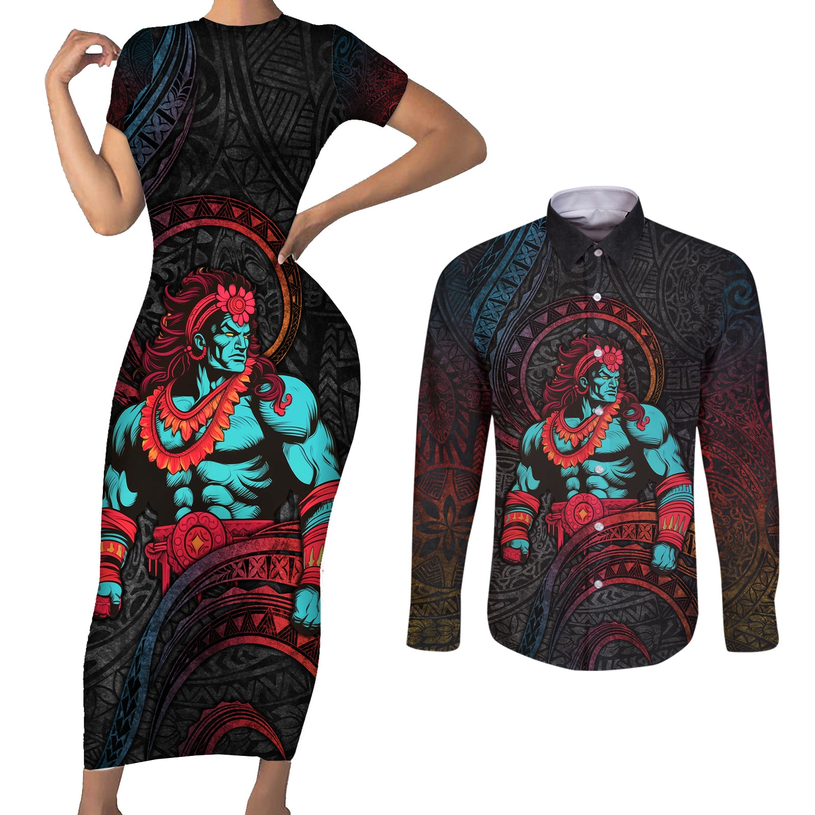 Hawaiian Demigod Maui Couples Matching Short Sleeve Bodycon Dress and Long Sleeve Button Shirt Polynesian Mythology LT05 Black - Polynesian Pride