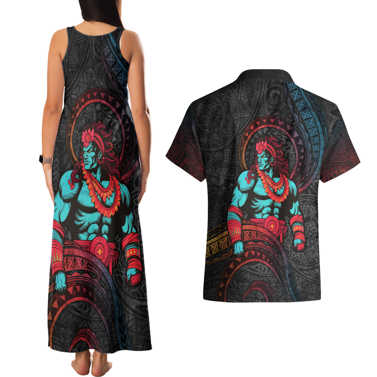 Hawaiian Demigod Maui Couples Matching Tank Maxi Dress and Hawaiian Shirt Polynesian Mythology LT05 - Polynesian Pride
