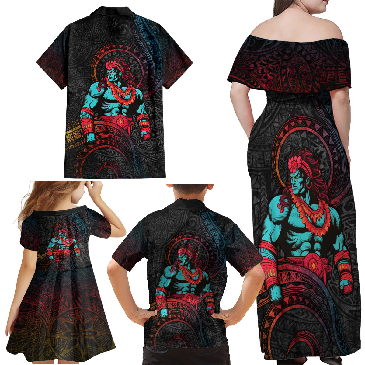 Hawaiian Demigod Maui Family Matching Off Shoulder Maxi Dress and Hawaiian Shirt Polynesian Mythology LT05 - Polynesian Pride