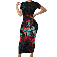 Hawaiian Demigod Maui Short Sleeve Bodycon Dress Polynesian Mythology LT05 Long Dress Black - Polynesian Pride