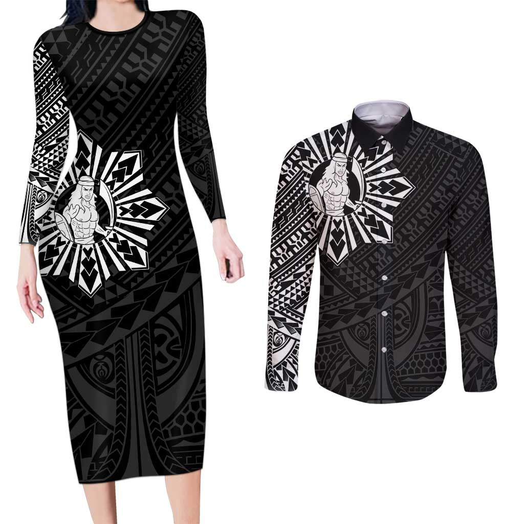 Philippines Tribal Couples Matching Long Sleeve Bodycon Dress and Long Sleeve Button Shirt King Lapu Lapu Black Version