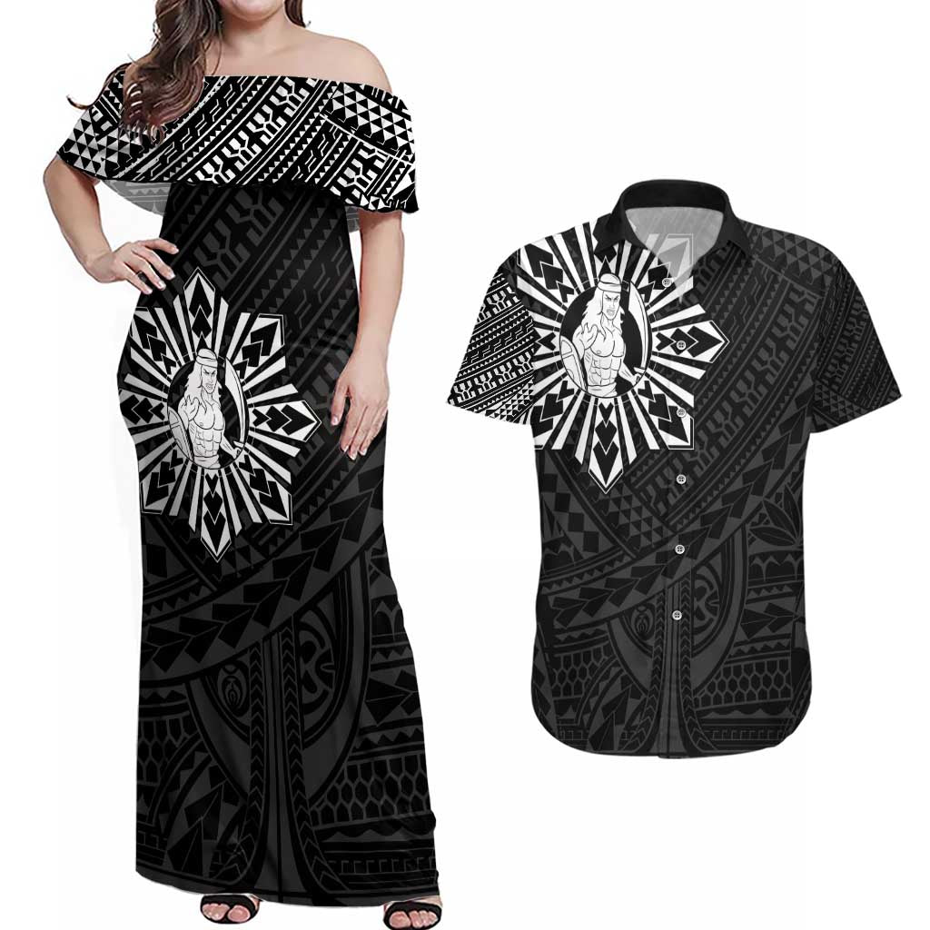 Philippines Tribal Couples Matching Off Shoulder Maxi Dress and Hawaiian Shirt King Lapu Lapu Black Version
