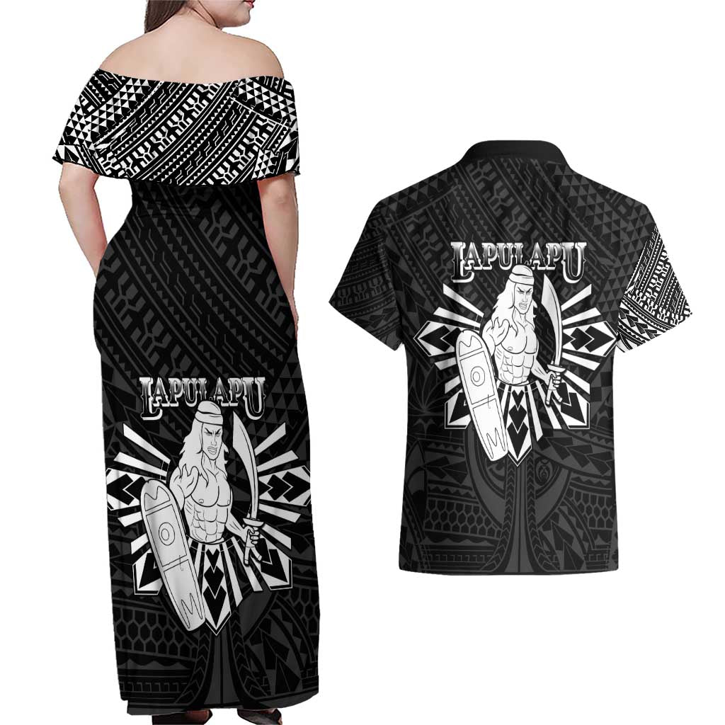 Philippines Tribal Couples Matching Off Shoulder Maxi Dress and Hawaiian Shirt King Lapu Lapu Black Version