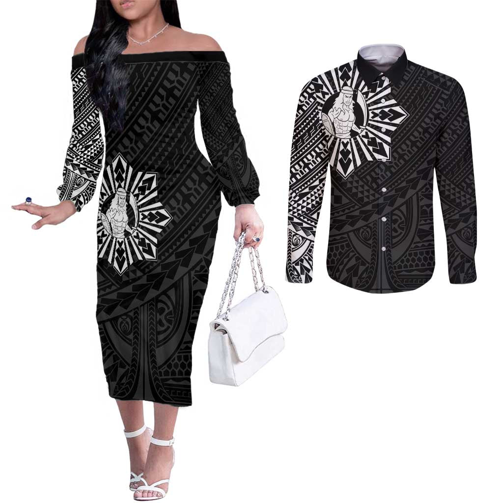 Philippines Tribal Couples Matching Off The Shoulder Long Sleeve Dress and Long Sleeve Button Shirt King Lapu Lapu Black Version