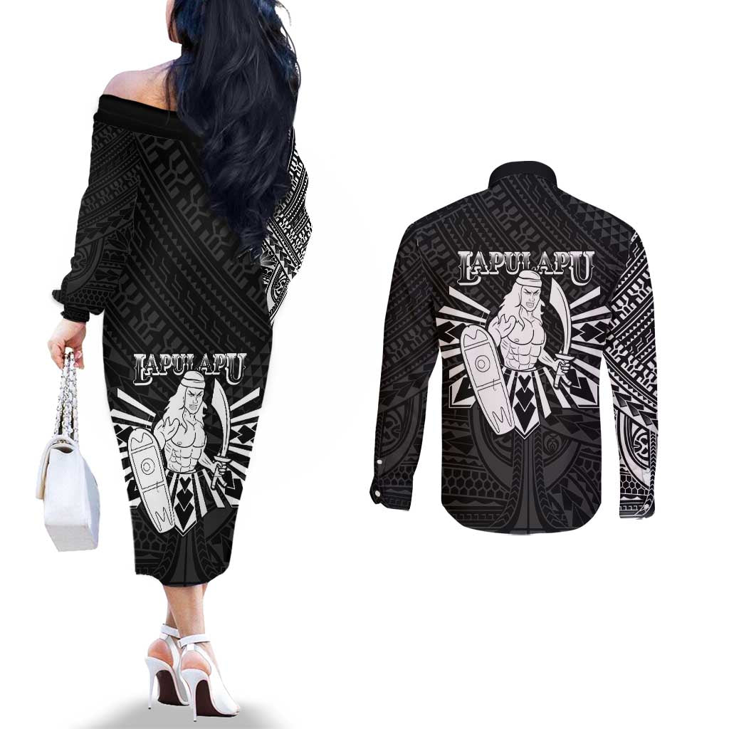 Philippines Tribal Couples Matching Off The Shoulder Long Sleeve Dress and Long Sleeve Button Shirt King Lapu Lapu Black Version
