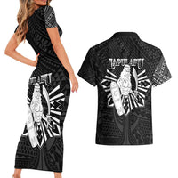 Philippines Tribal Couples Matching Short Sleeve Bodycon Dress and Hawaiian Shirt King Lapu Lapu Black Version