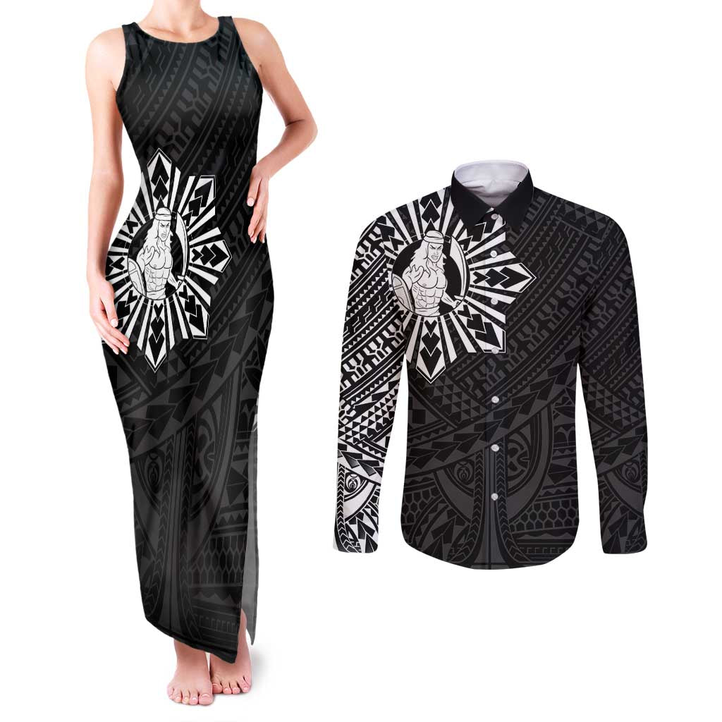 Philippines Tribal Couples Matching Tank Maxi Dress and Long Sleeve Button Shirt King Lapu Lapu Black Version