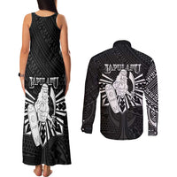 Philippines Tribal Couples Matching Tank Maxi Dress and Long Sleeve Button Shirt King Lapu Lapu Black Version