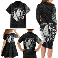 Philippines Tribal Family Matching Long Sleeve Bodycon Dress and Hawaiian Shirt King Lapu Lapu Black Version