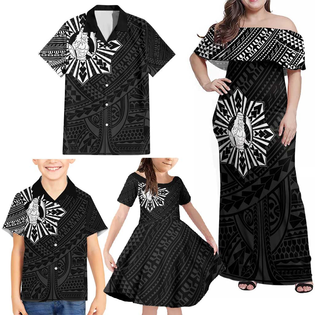 Philippines Tribal Family Matching Off Shoulder Maxi Dress and Hawaiian Shirt King Lapu Lapu Black Version