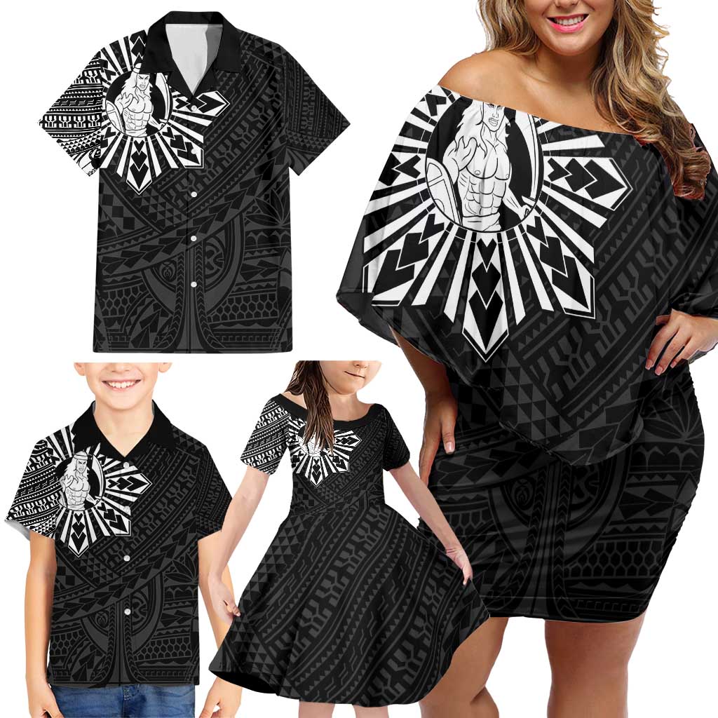 Philippines Tribal Family Matching Off Shoulder Short Dress and Hawaiian Shirt King Lapu Lapu Black Version