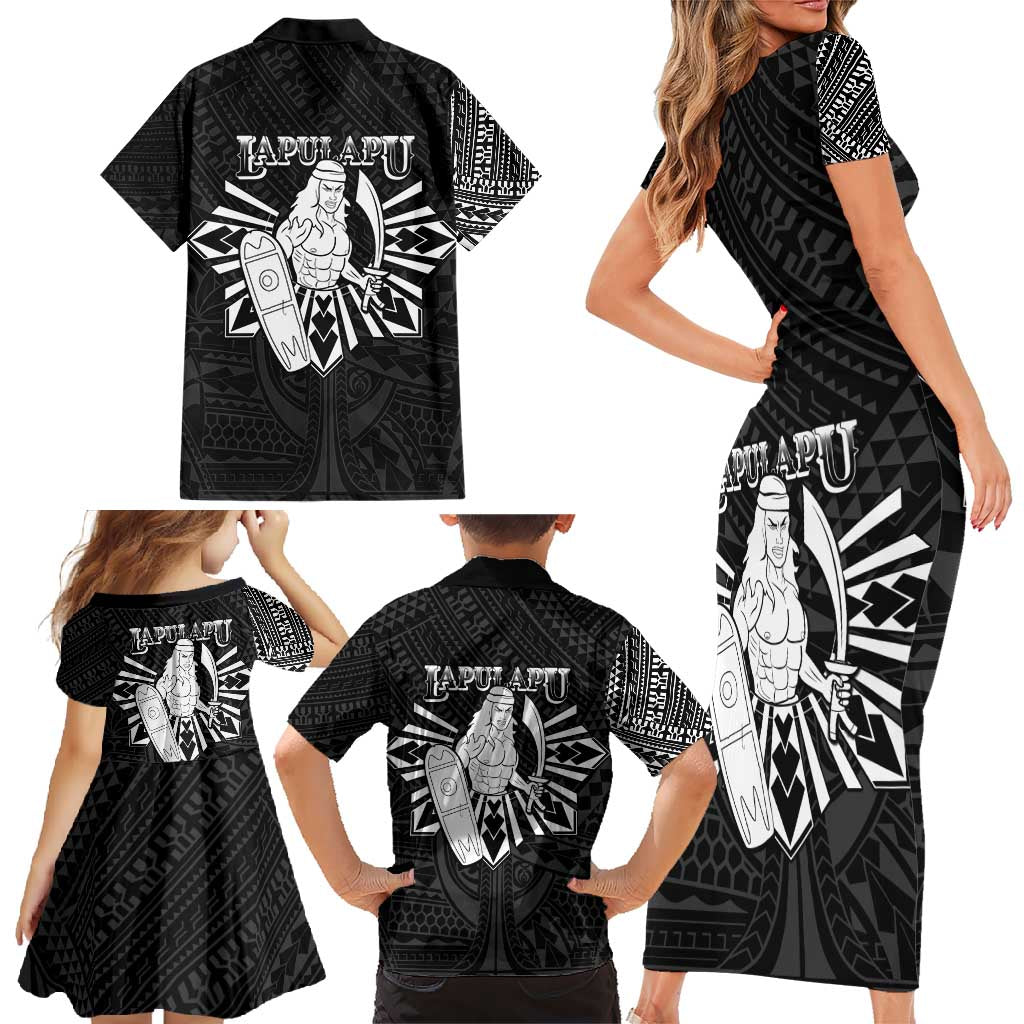 Philippines Tribal Family Matching Short Sleeve Bodycon Dress and Hawaiian Shirt King Lapu Lapu Black Version