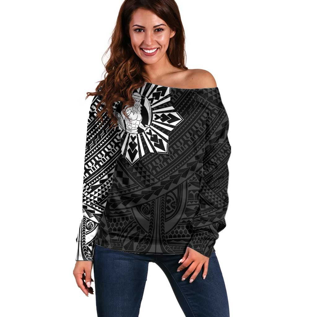 Philippines Tribal Off Shoulder Sweater King Lapu Lapu Black Version