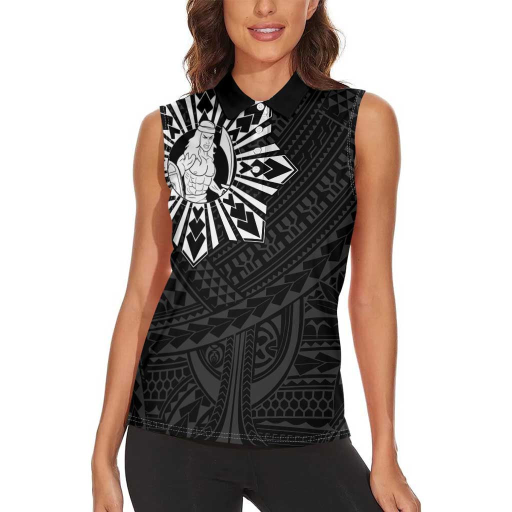 Philippines Tribal Women Sleeveless Polo Shirt King Lapu Lapu Black Version