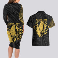 Philippines Tribal Couples Matching Long Sleeve Bodycon Dress and Hawaiian Shirt King Lapu Lapu Gold Version