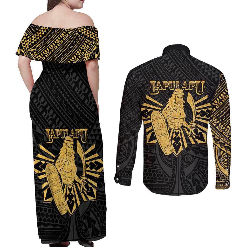 Philippines Tribal Couples Matching Off Shoulder Maxi Dress and Long Sleeve Button Shirt King Lapu Lapu Gold Version
