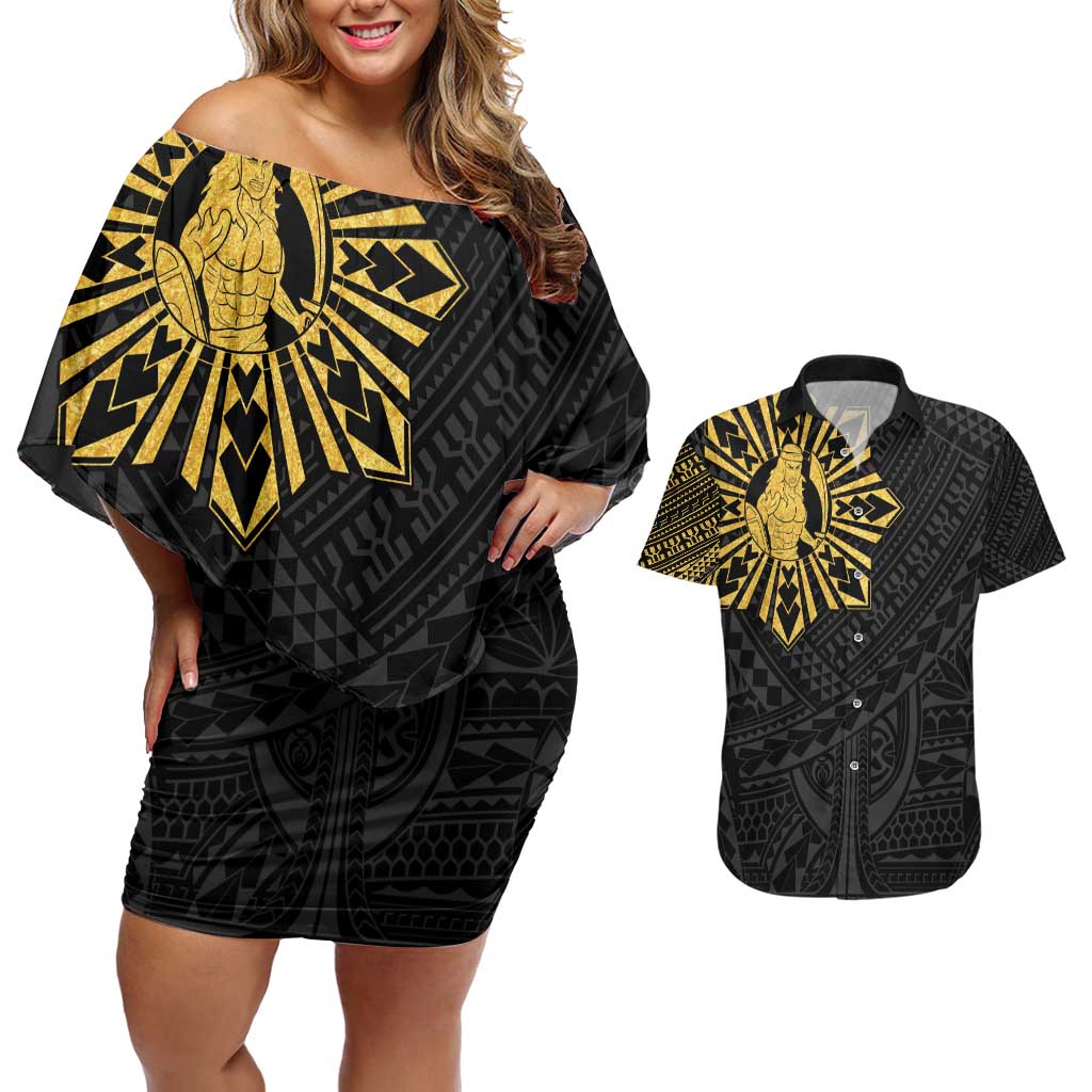 Philippines Tribal Couples Matching Off Shoulder Short Dress and Hawaiian Shirt King Lapu Lapu Gold Version