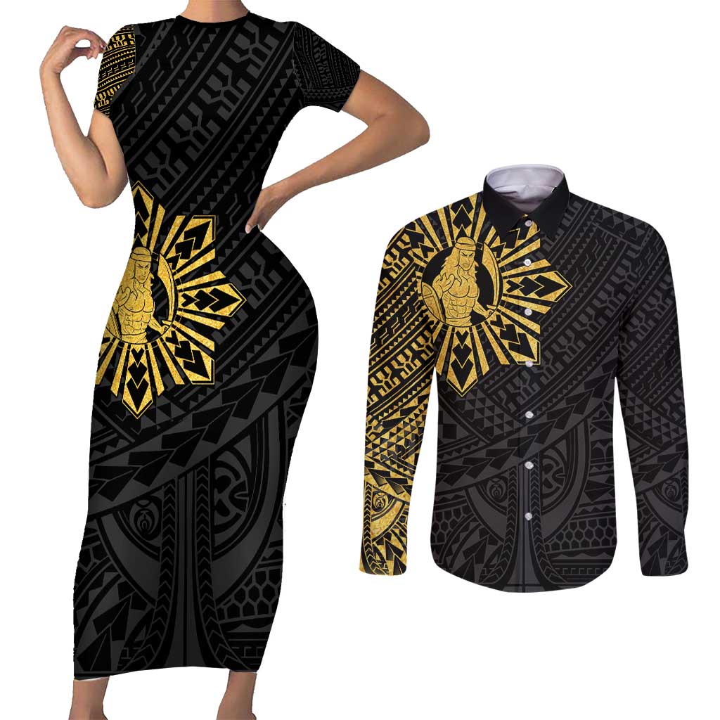 Philippines Tribal Couples Matching Short Sleeve Bodycon Dress and Long Sleeve Button Shirt King Lapu Lapu Gold Version
