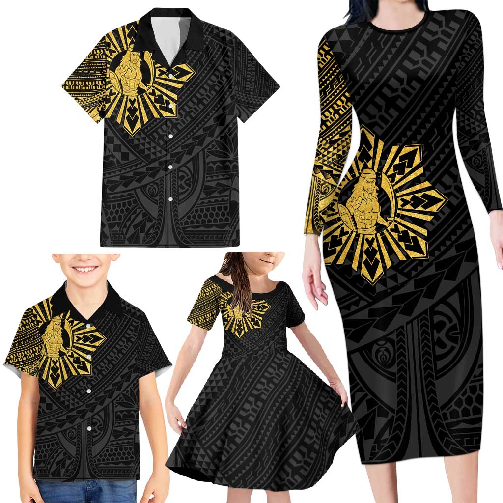 Philippines Tribal Family Matching Long Sleeve Bodycon Dress and Hawaiian Shirt King Lapu Lapu Gold Version