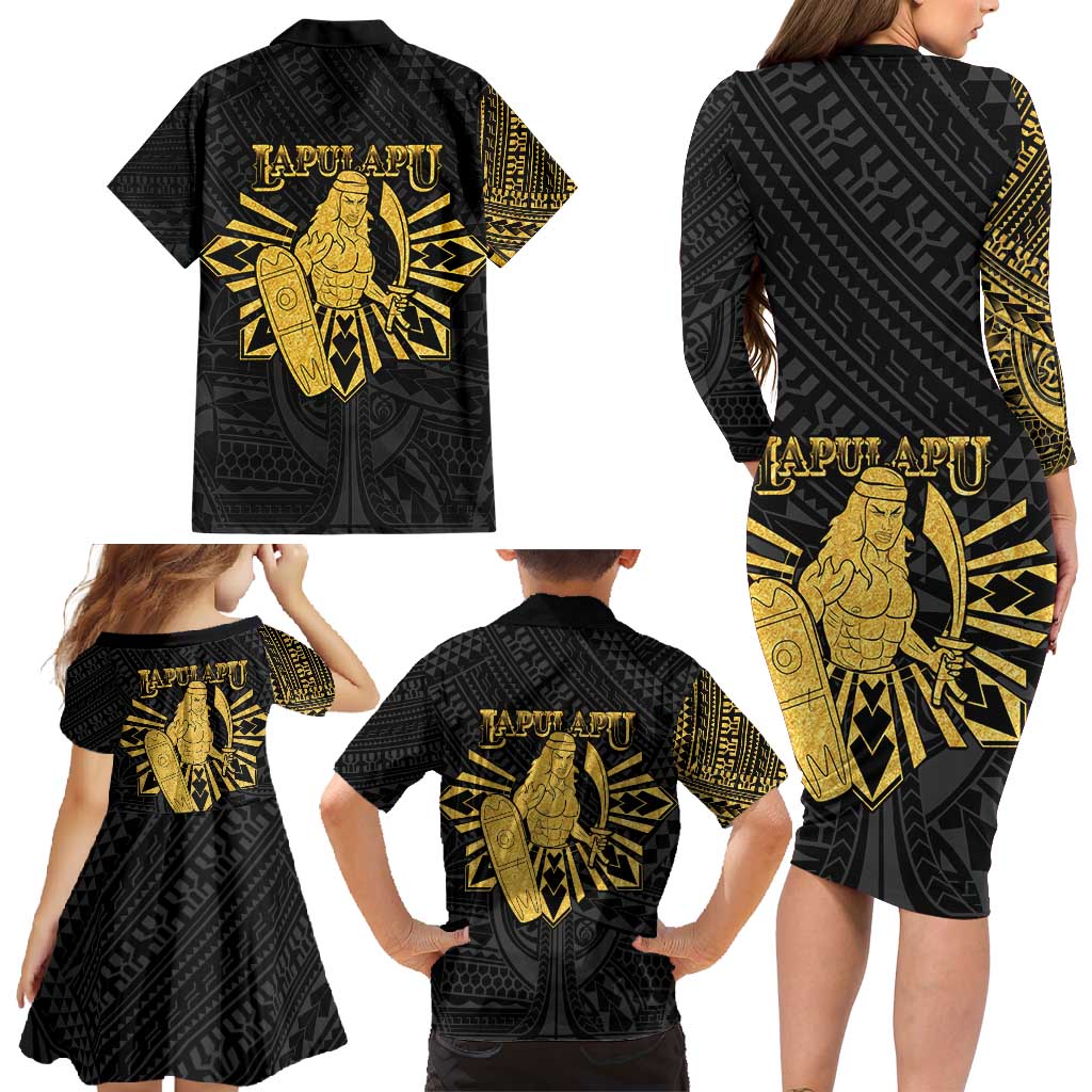 Philippines Tribal Family Matching Long Sleeve Bodycon Dress and Hawaiian Shirt King Lapu Lapu Gold Version