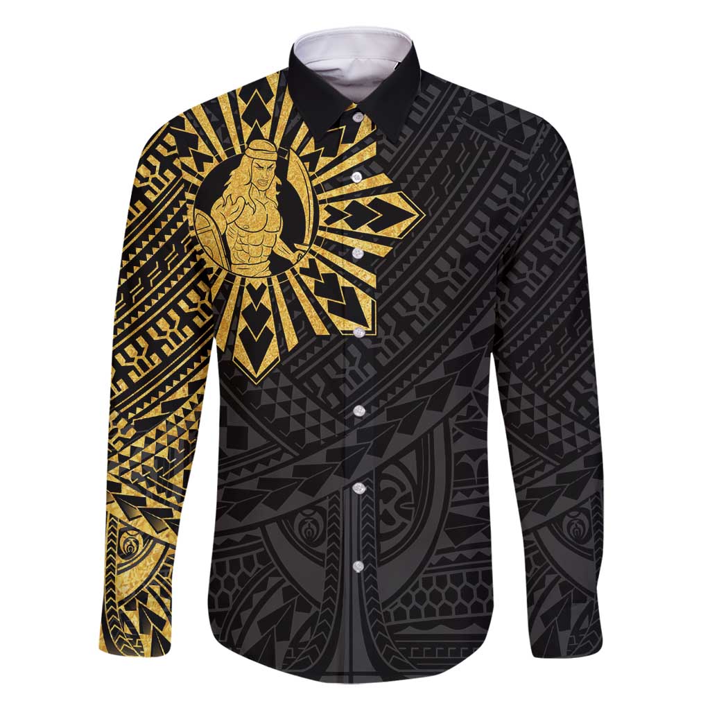 Philippines Tribal Family Matching Long Sleeve Bodycon Dress and Hawaiian Shirt King Lapu Lapu Gold Version