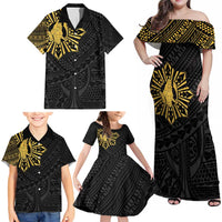 Philippines Tribal Family Matching Off Shoulder Maxi Dress and Hawaiian Shirt King Lapu Lapu Gold Version