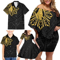 Philippines Tribal Family Matching Off Shoulder Short Dress and Hawaiian Shirt King Lapu Lapu Gold Version