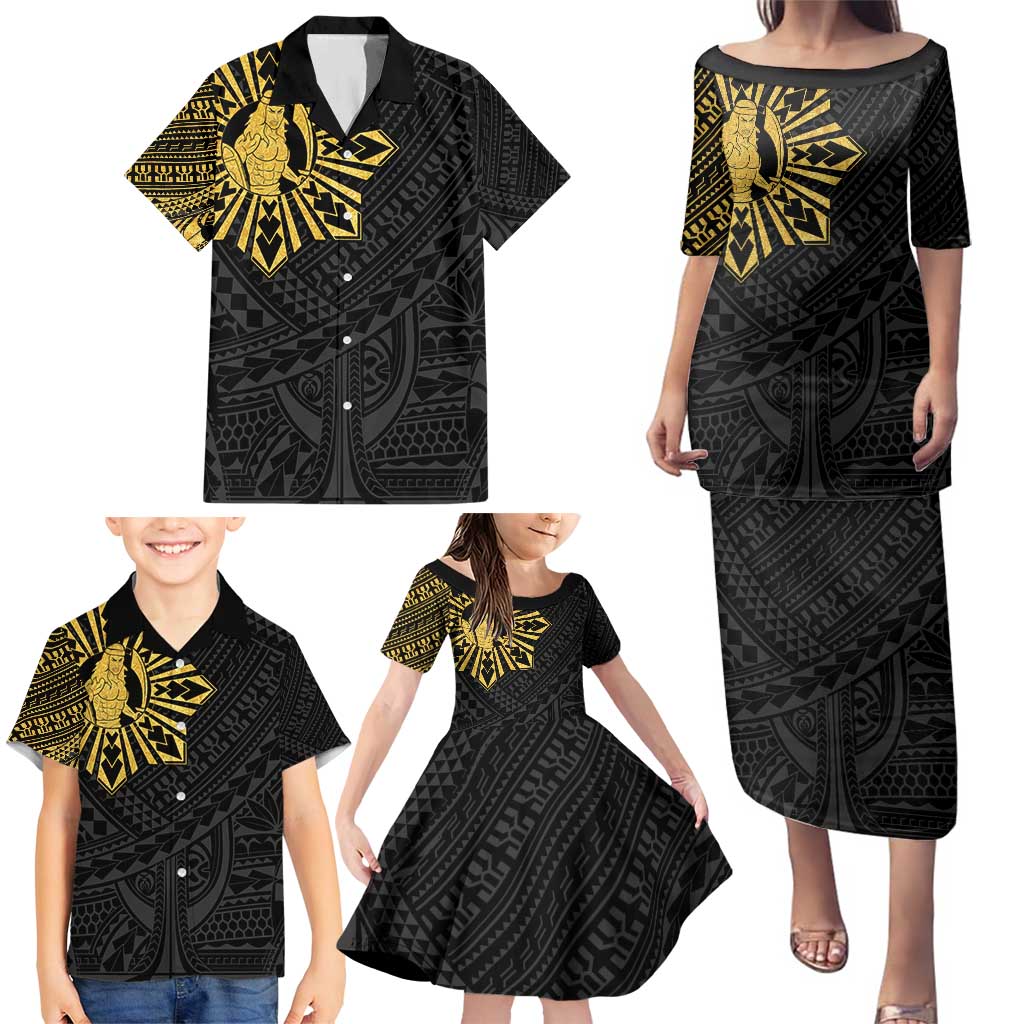 Philippines Tribal Family Matching Puletasi and Hawaiian Shirt King Lapu Lapu Gold Version